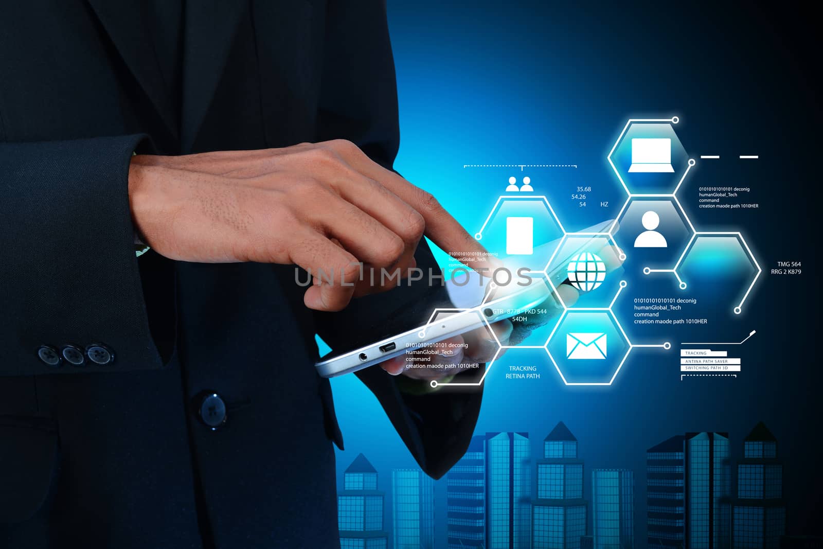 Man showing networking on mobile phone in color background by cuteimage