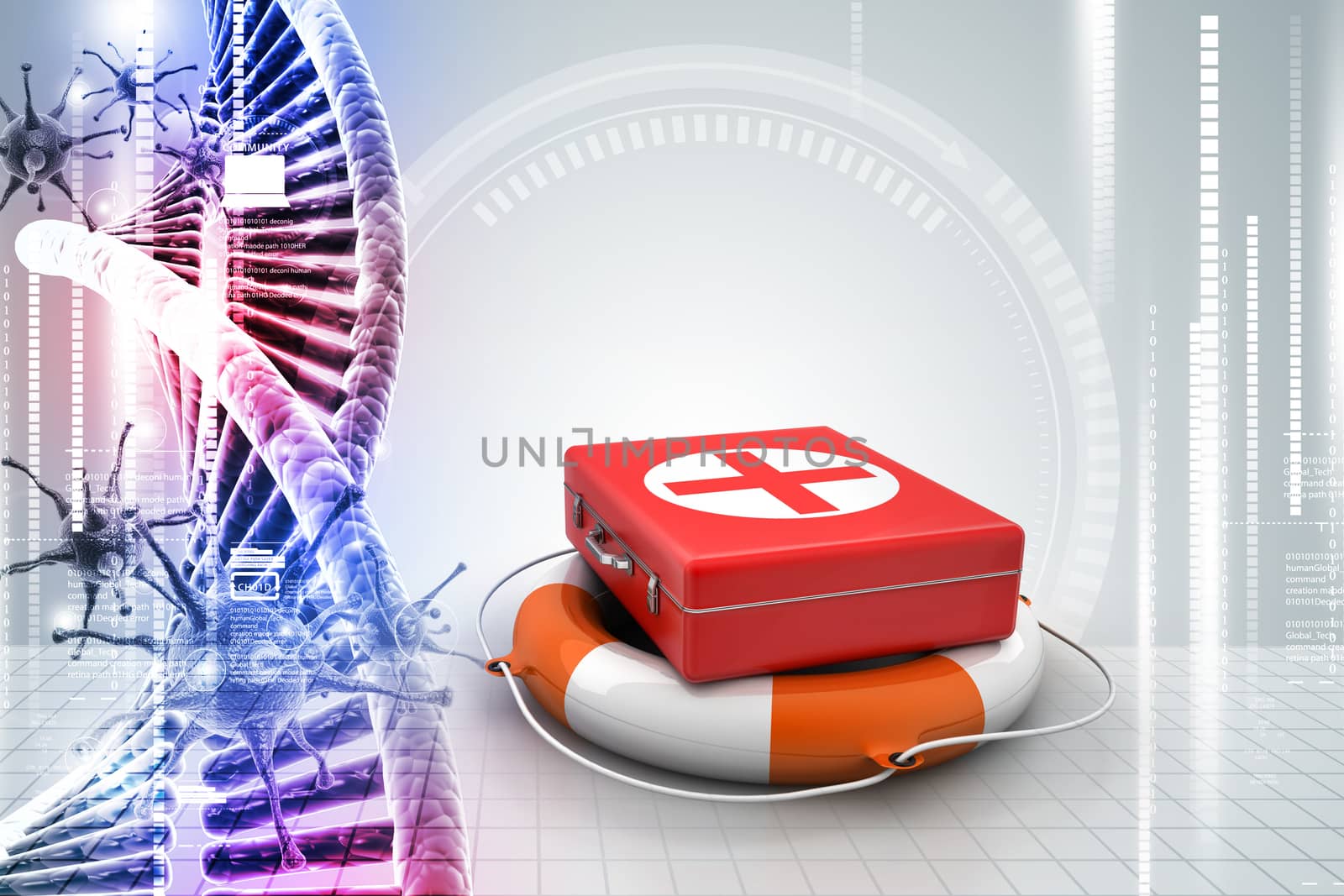 First aid box with life buoy in color background