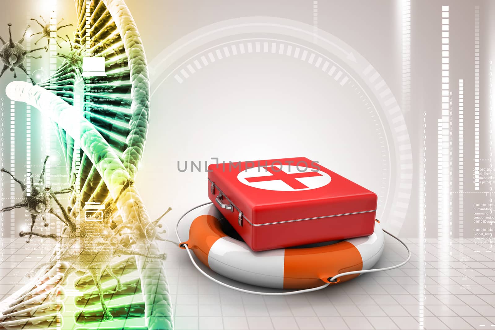 First aid box with life buoy in color background