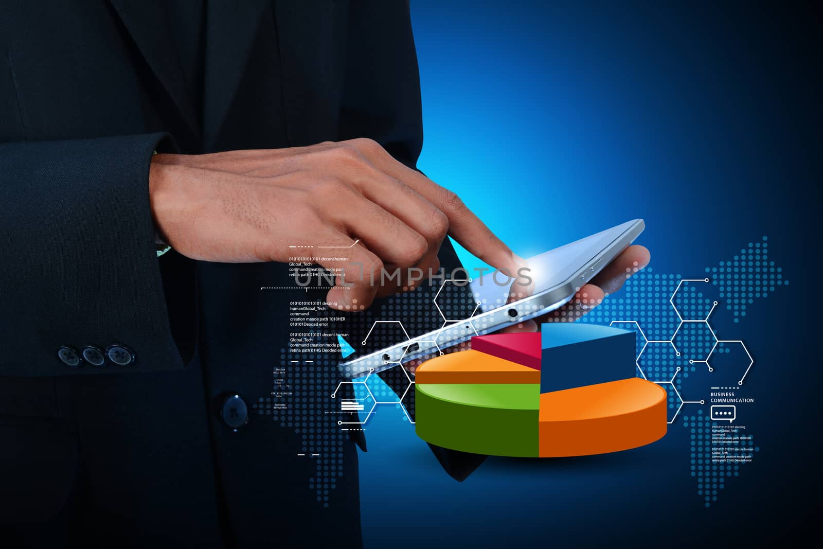 Business man showing pie chart with tablet computer in color background