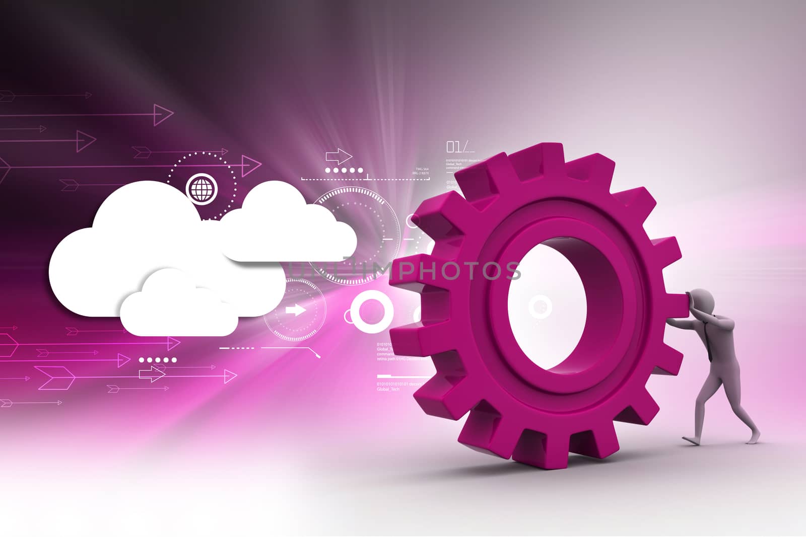 Man pushing gear wheel in color background