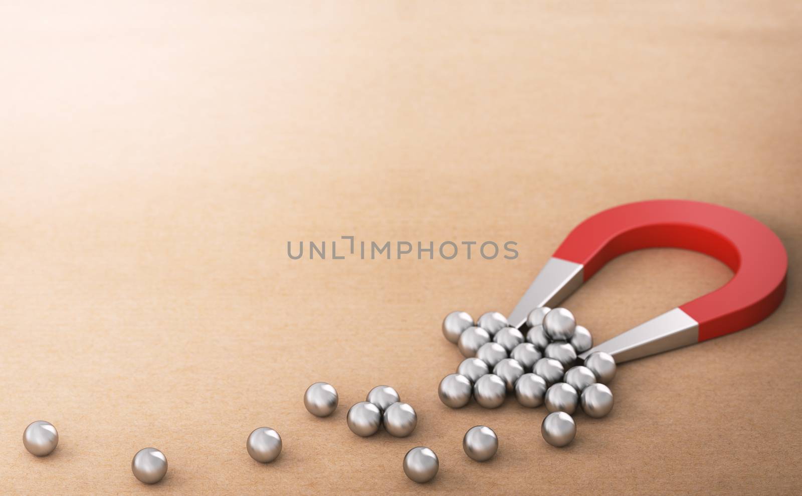 Lead Magnet over paper background attracting and retaining many spheres, symbol of new customers. B2B inbound marketing concept. 3D illustration