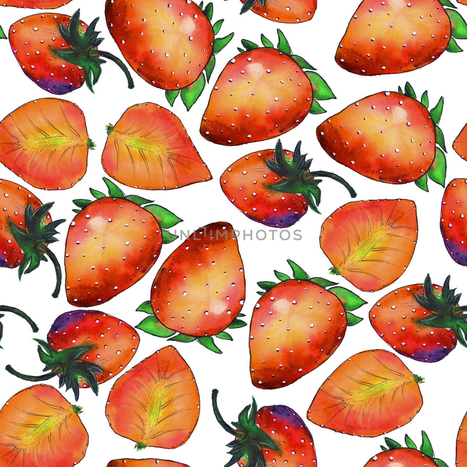 Seamless pattern of abstract watercolor hand drawn beautiful strawberries on white background - illustration