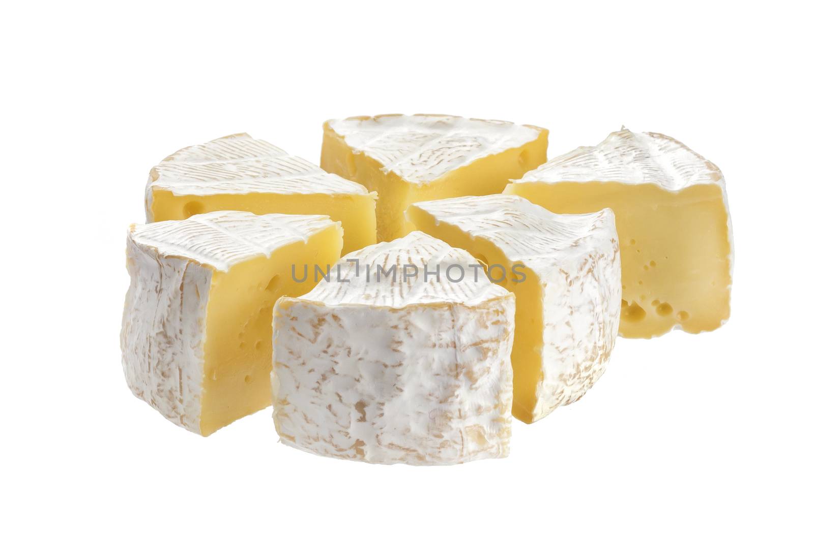 Camembert cheese segments isolated on white background with clipping path