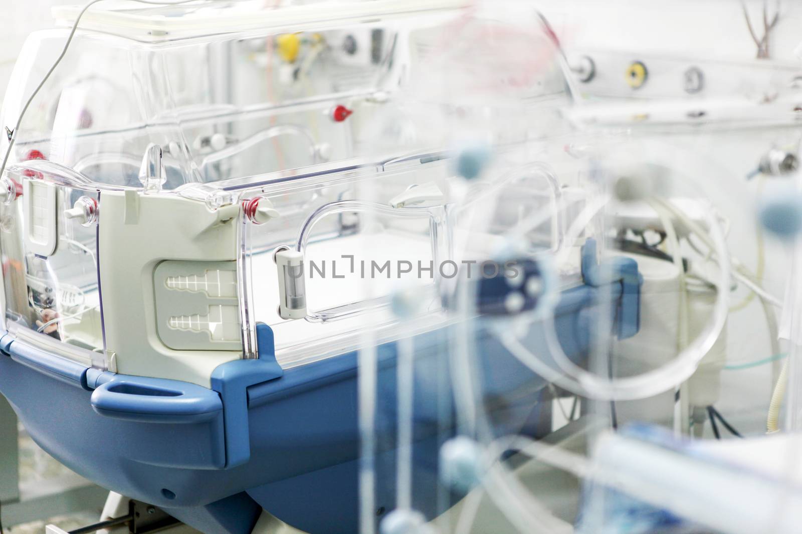 Newborn baby in hospital incubator.