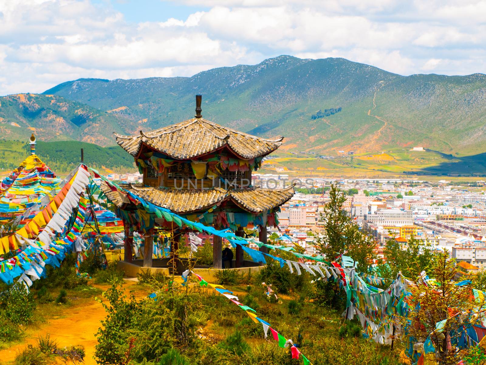 Tibetan gazebo above Shangri-La or Xianggelila, formerly Zhongdian, mountain city in northwestern Yunnan province. The seat of the Diqing Tibetan Autonomous Prefecture, China.