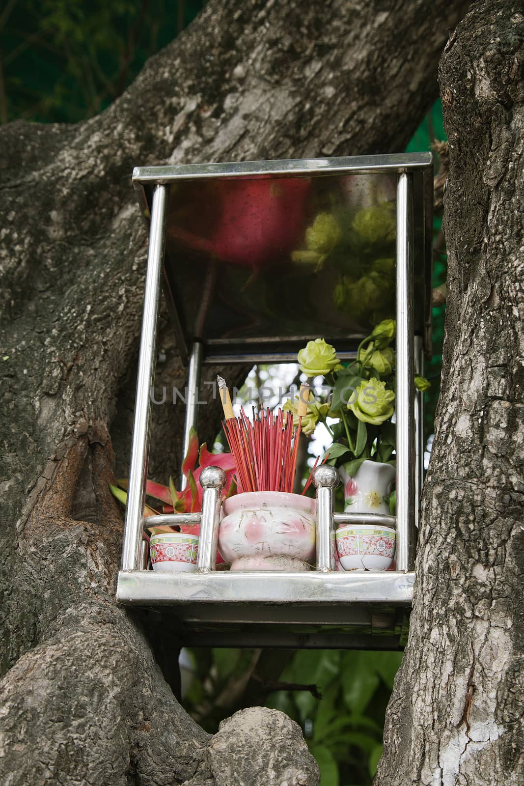 Small box with incence and offerings to gods, Vietnam