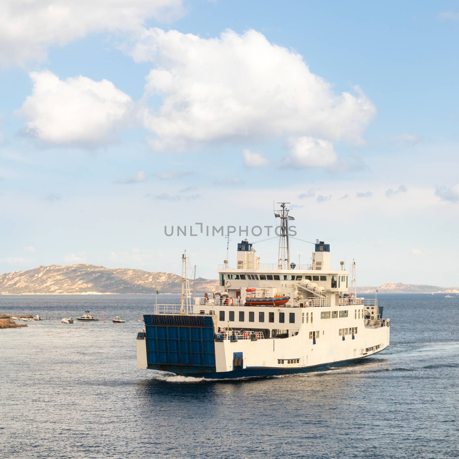 Ferry boat ship sailing between Palau and La Maddalena town, Sardinia island, Italy.