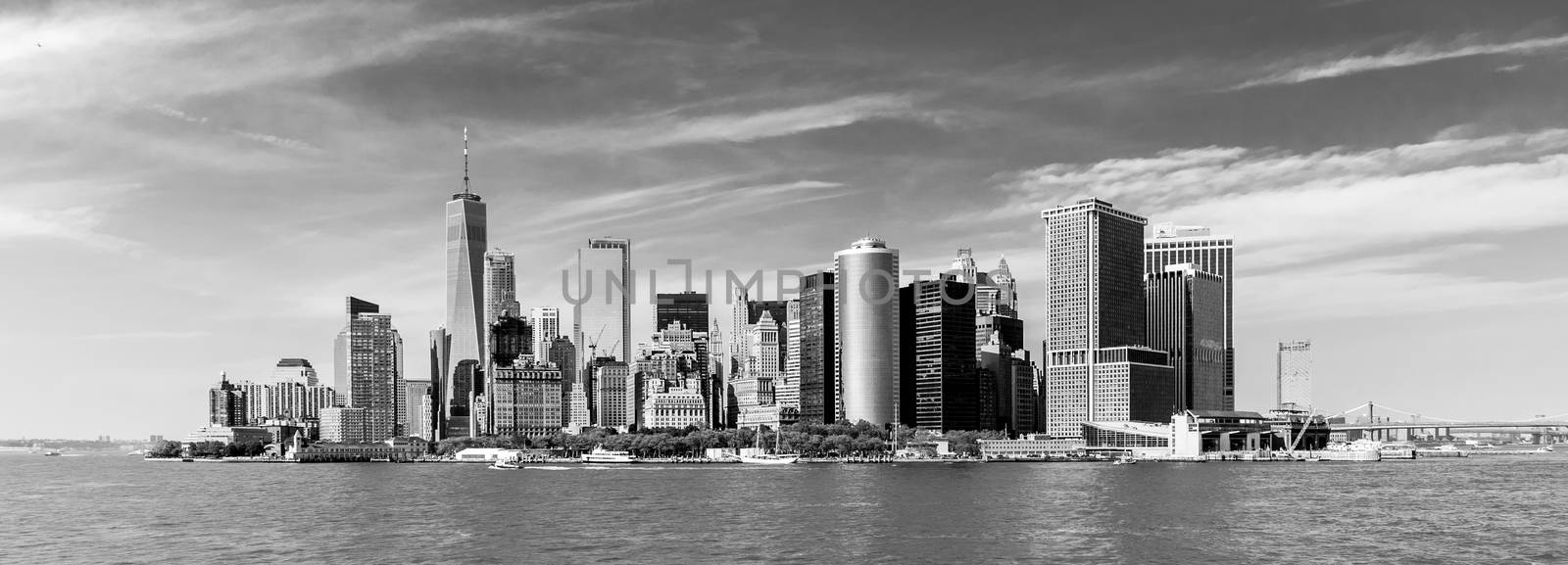 Panoramic view of Lower Manhattan, New York City, USA. Black and white image.