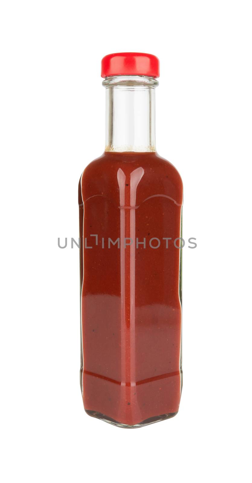 Bottle of red hot sauce isolated on white background