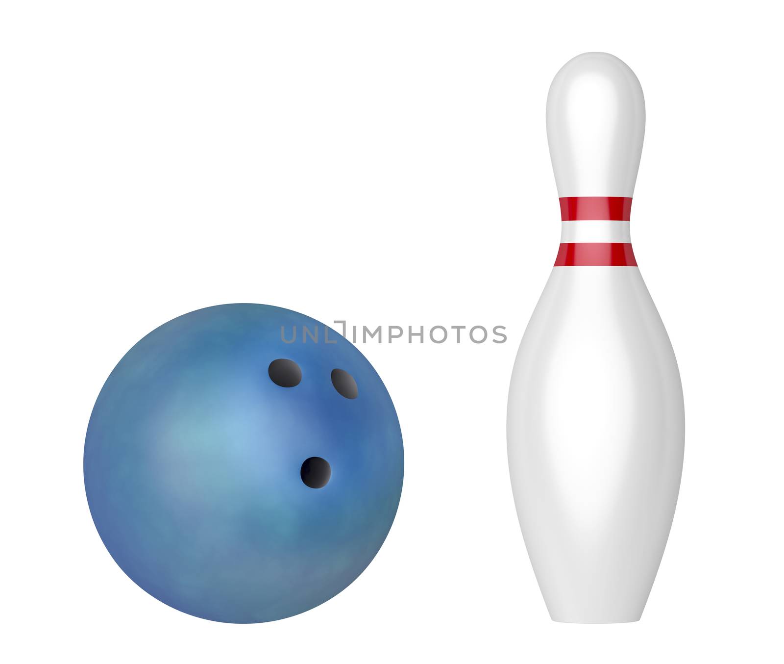 Blue bowling ball and pin, isolated on white background