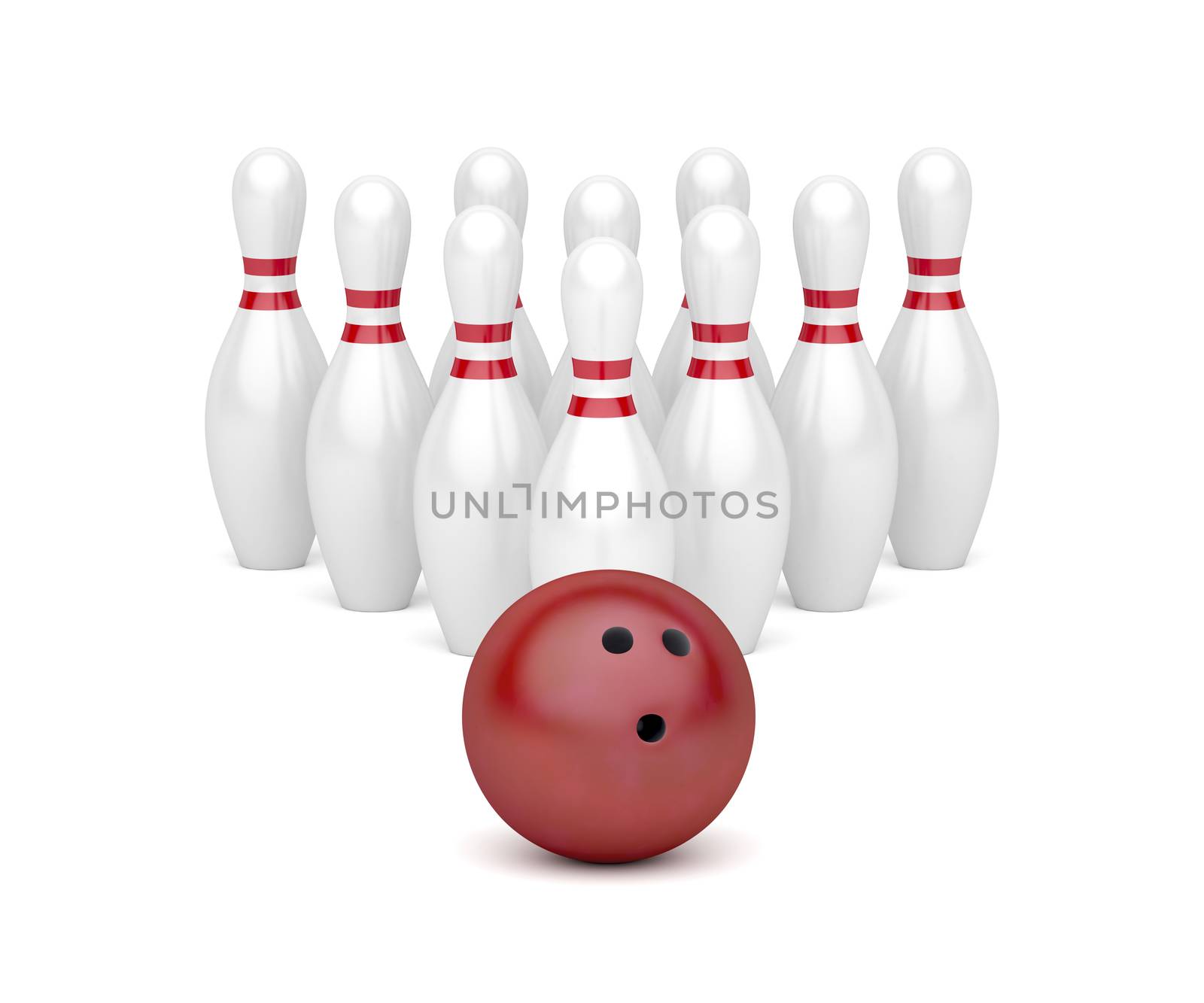 Row of bowling pins and red bowling ball 