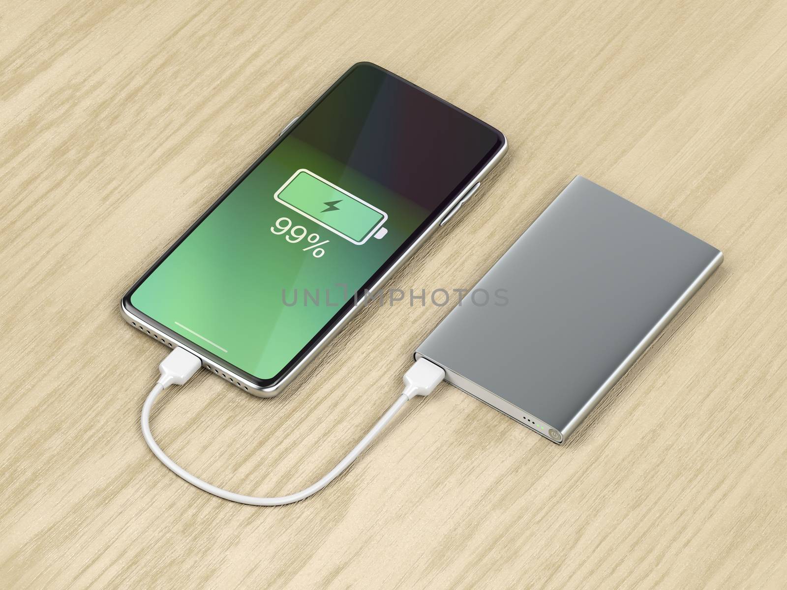Charging the smartphone with a power bank on wood background