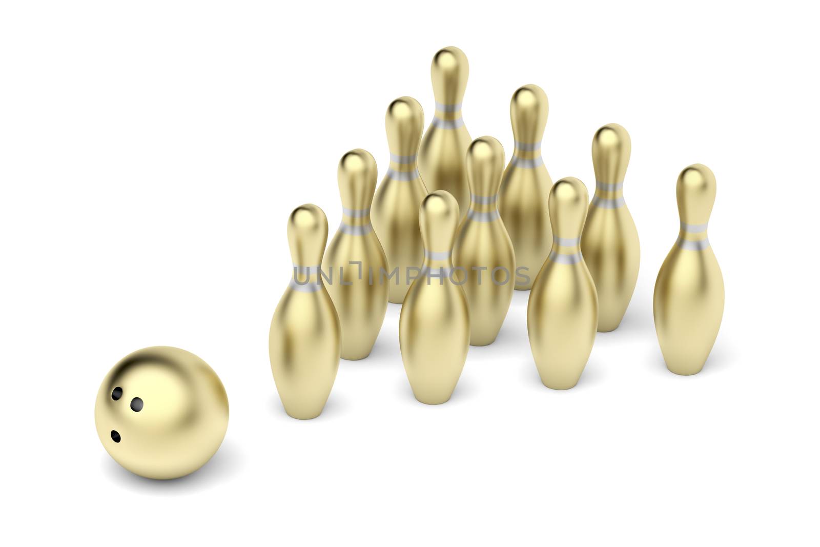 Gold bowling pins and ball on white background