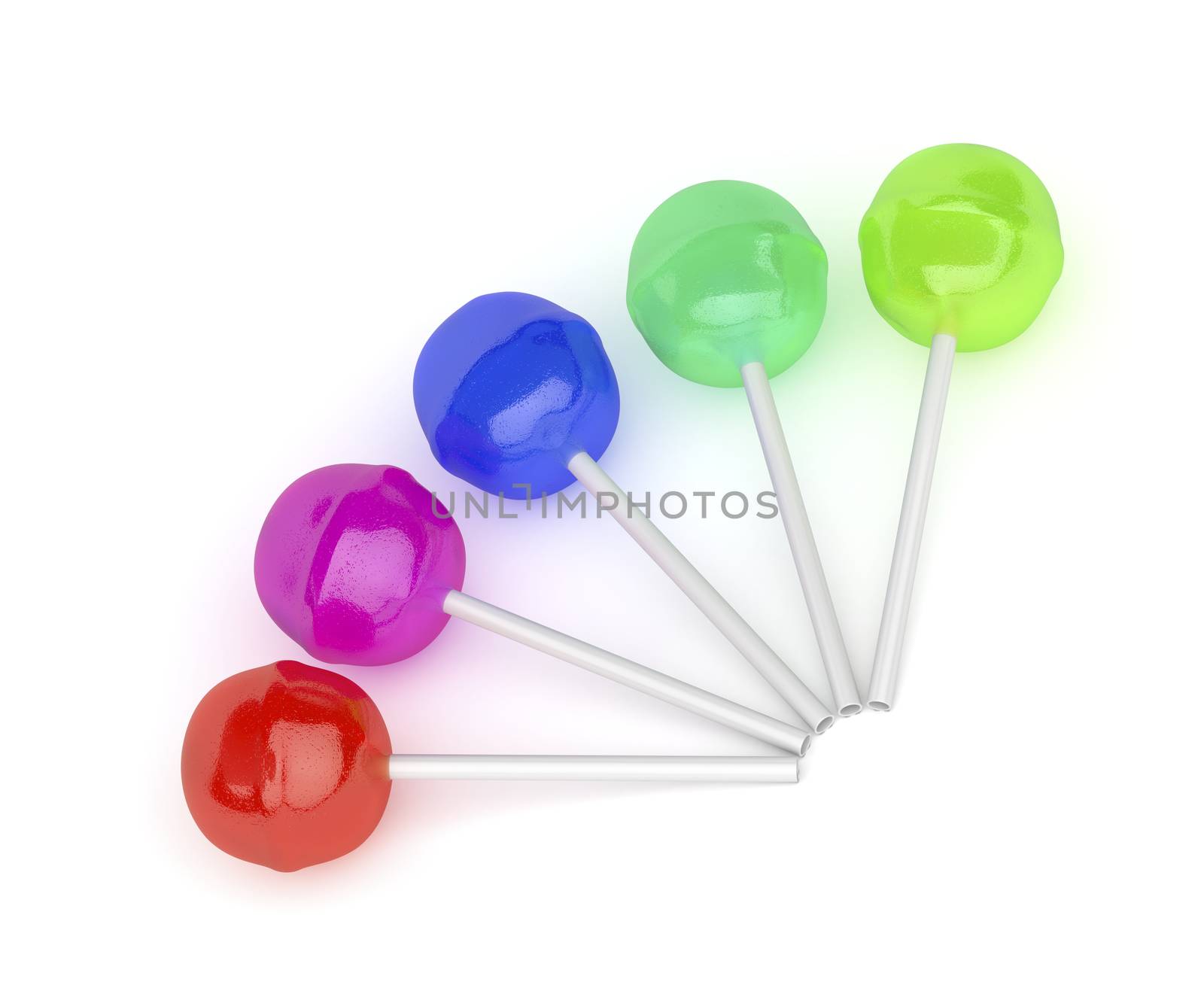 Five lollipops with different colors and flavors on white background