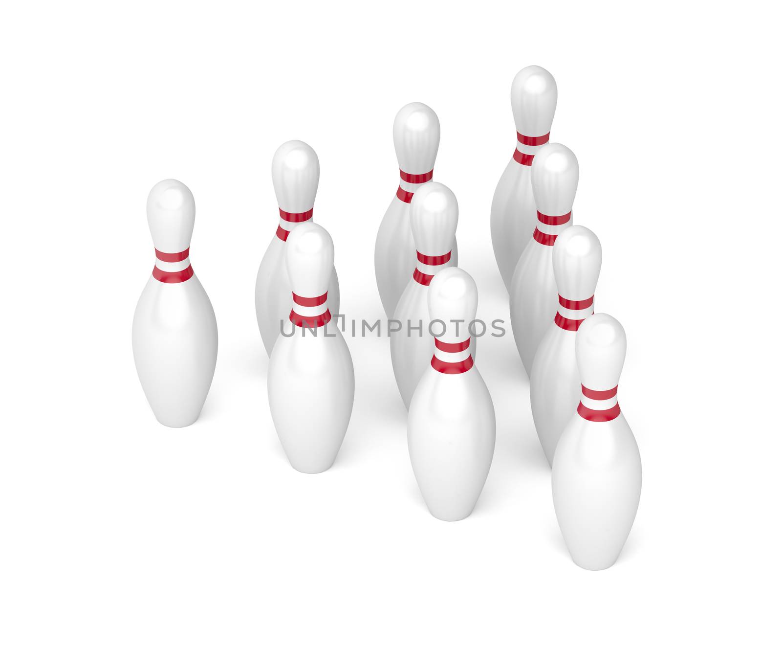 Rows of bowling pins on white background
