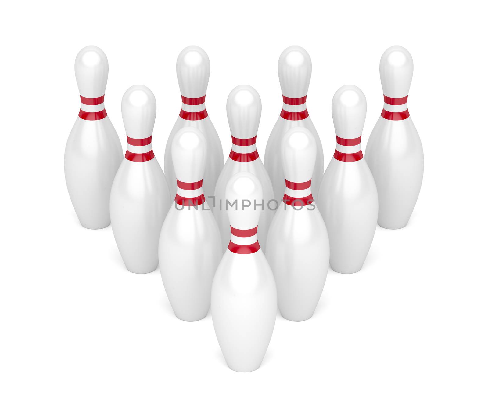 Row of bowling pins on white background 