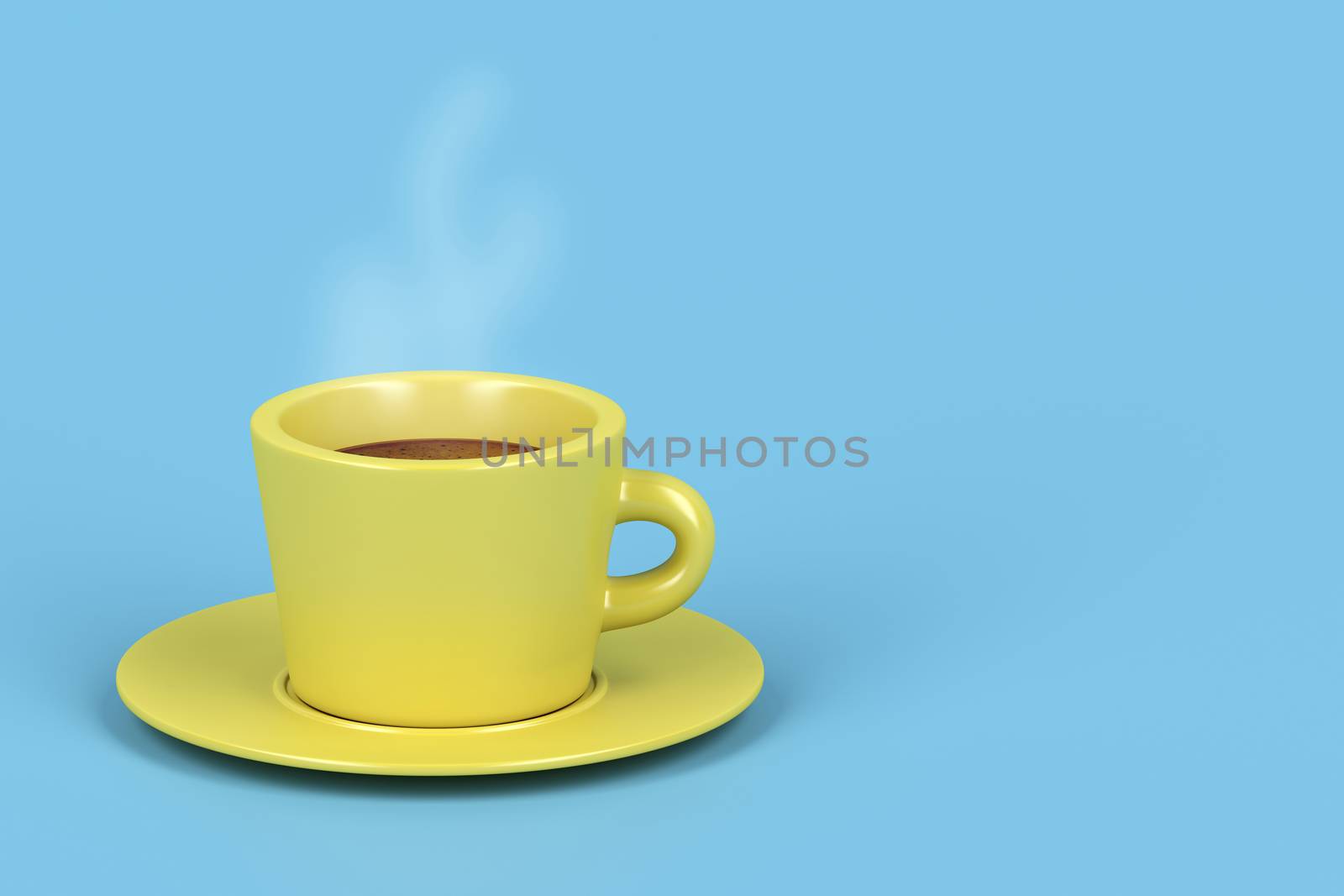 Yellow coffee cup with hot espresso on blue background