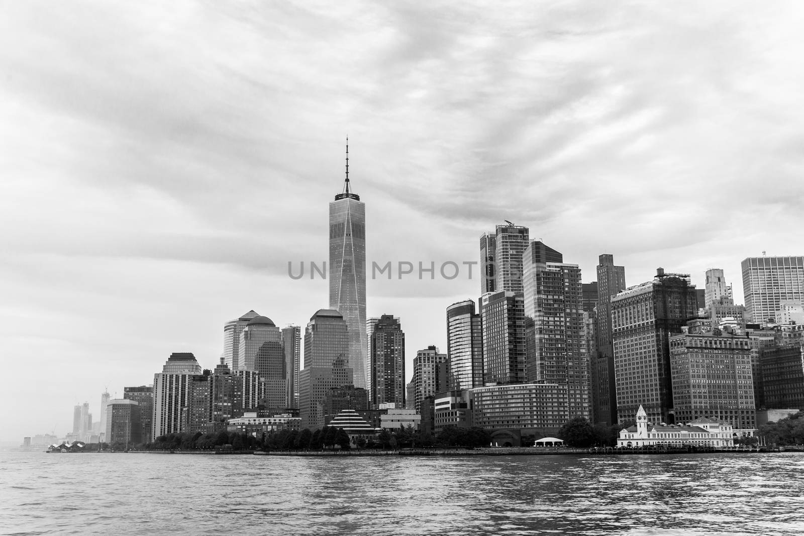 Panoramic view of Lower Manhattan, New York City, USA. Black and white.