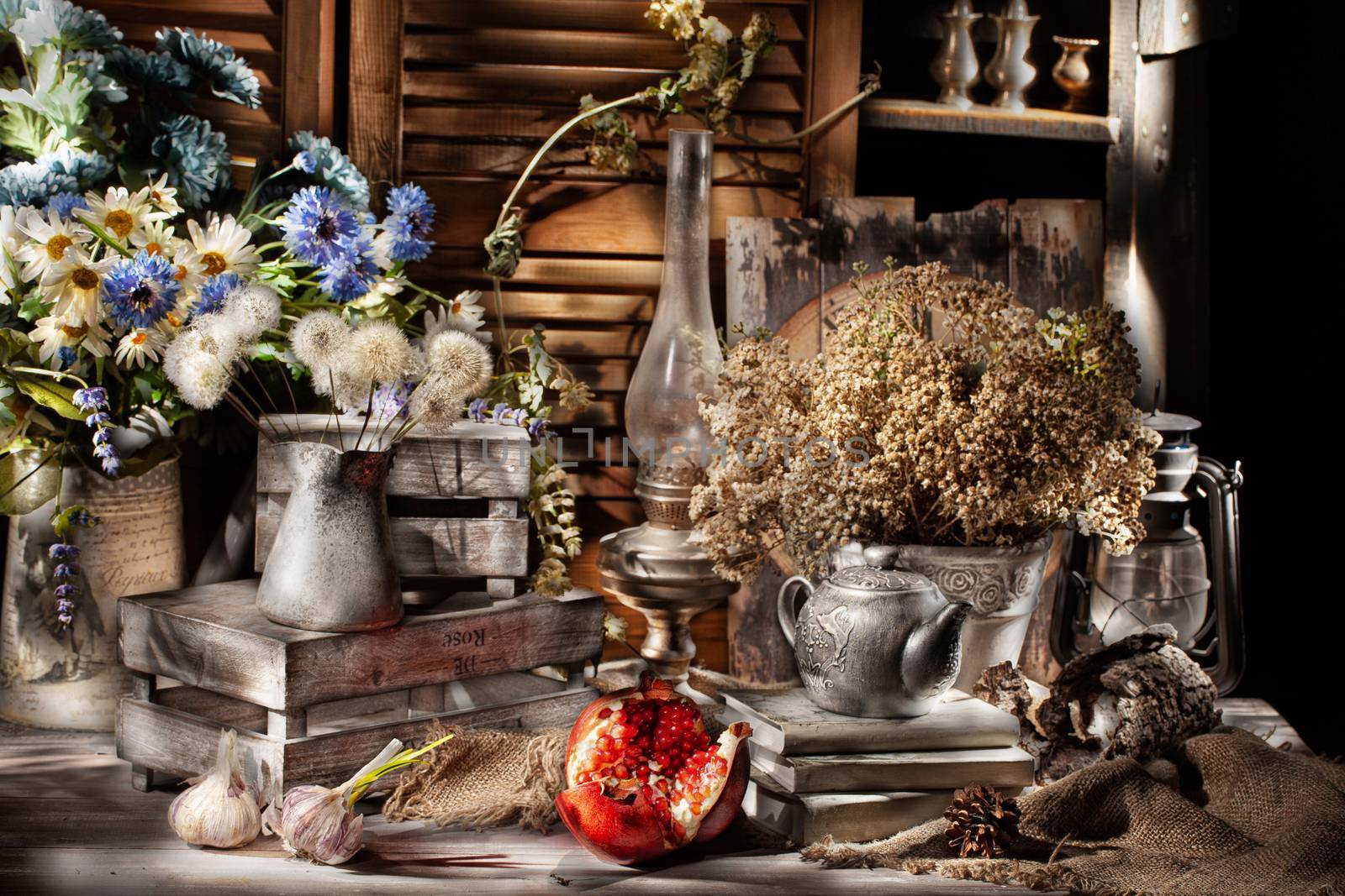 Still life with old accessories in rural style