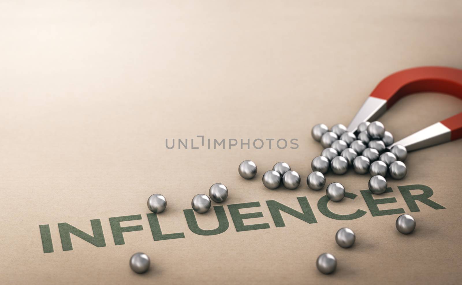 Horseshoe magnet attracting many spheres with a word printed on the paper background. Influencer marketing concept. 3D illustration