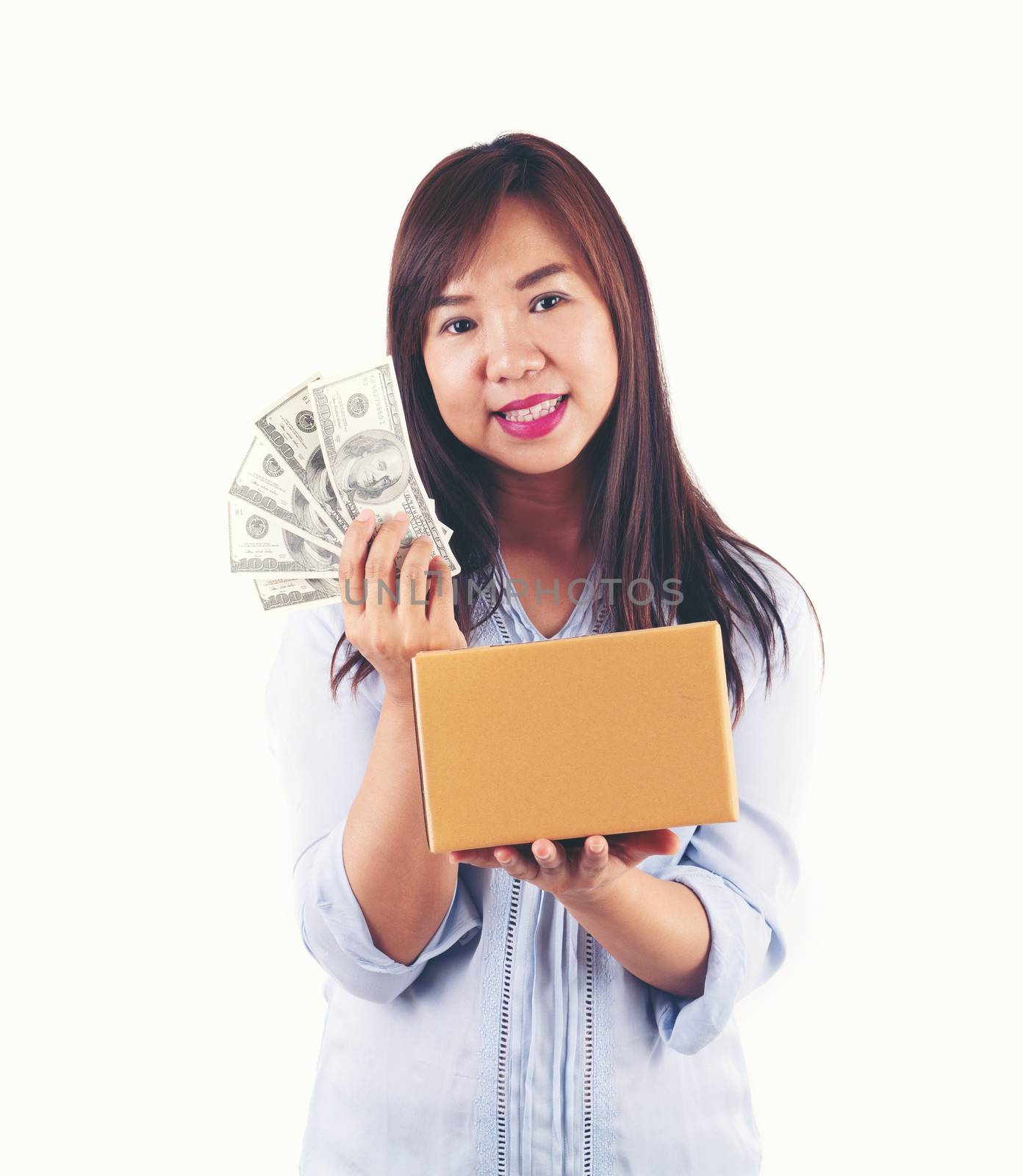 asian woman taking a lot of money and parcel box