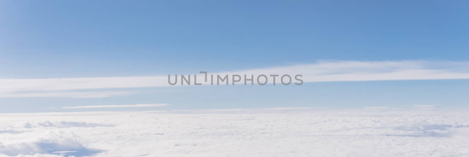 Panoramic unreal and dramatic Altocumulus cloud formation at sunrise from airplane by trongnguyen