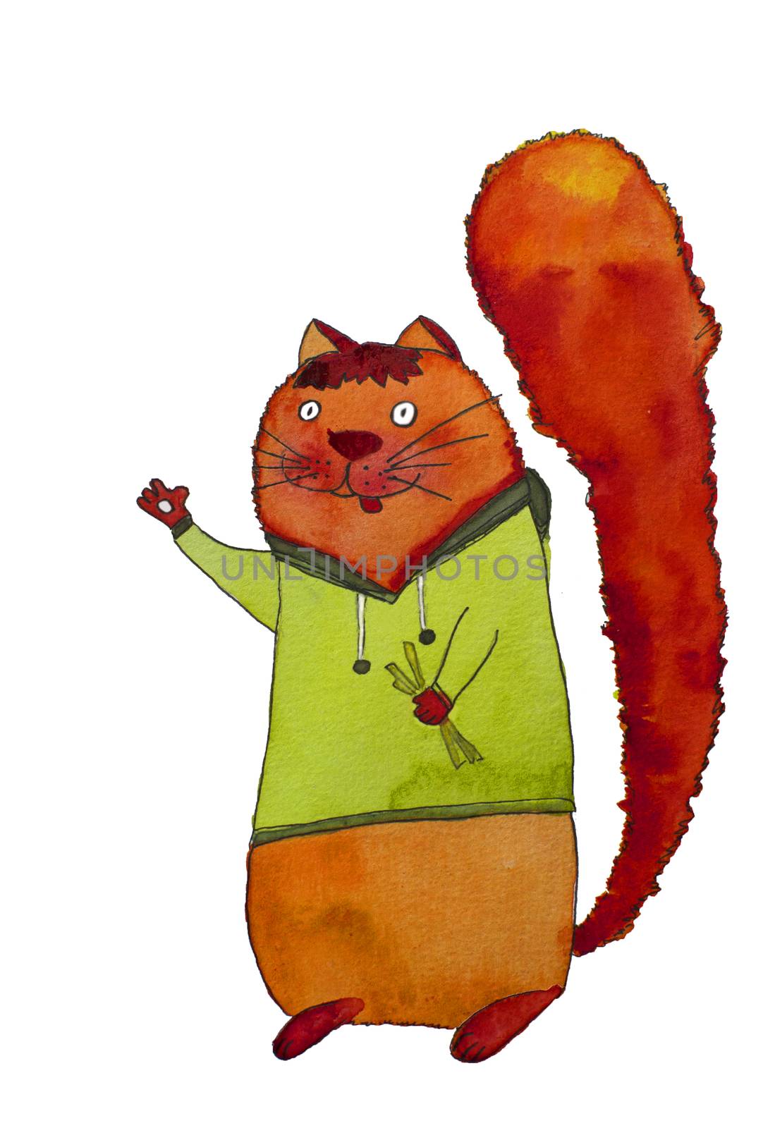 A closeup portrait of a cute red cat looking at camera, dressed in a warm green jacket. Hand painted watercolor illustration isolated on a white background.