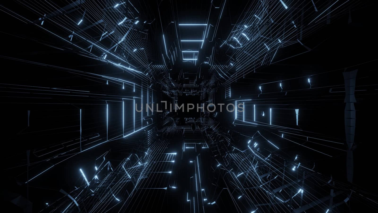 blue wireframe design with nice reflection 3d rendering background wallpaper, blue abstract wireframe with black tunnel 3d illustrtion