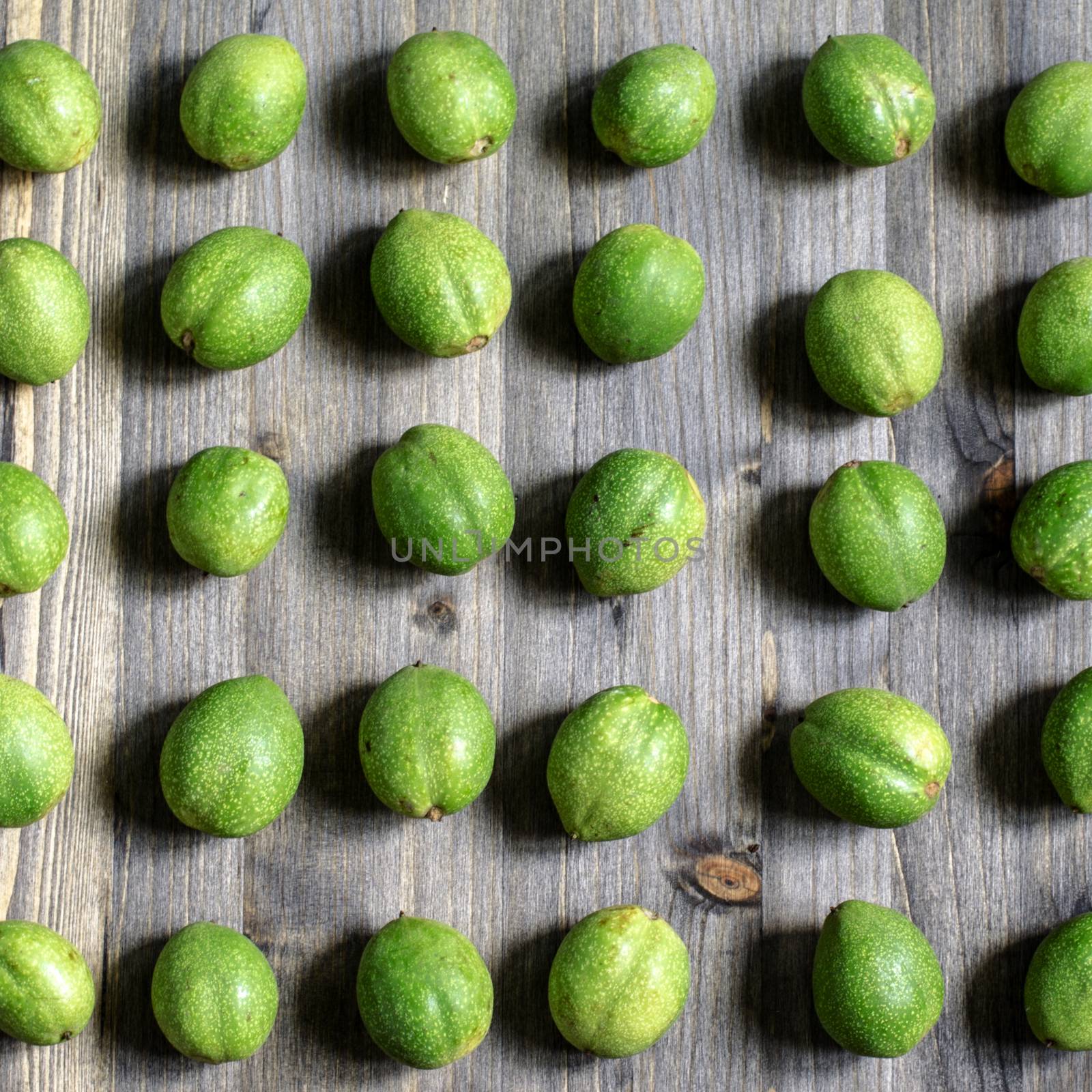 Young green fruits of walnuts lie in rows on a gray wooden background