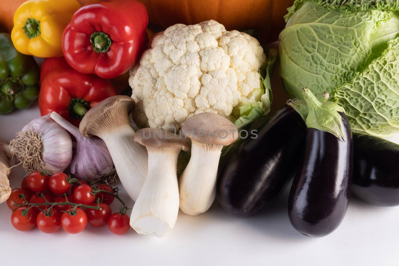 Harvest of many vegetables isolated on white background border frame with copy space for text