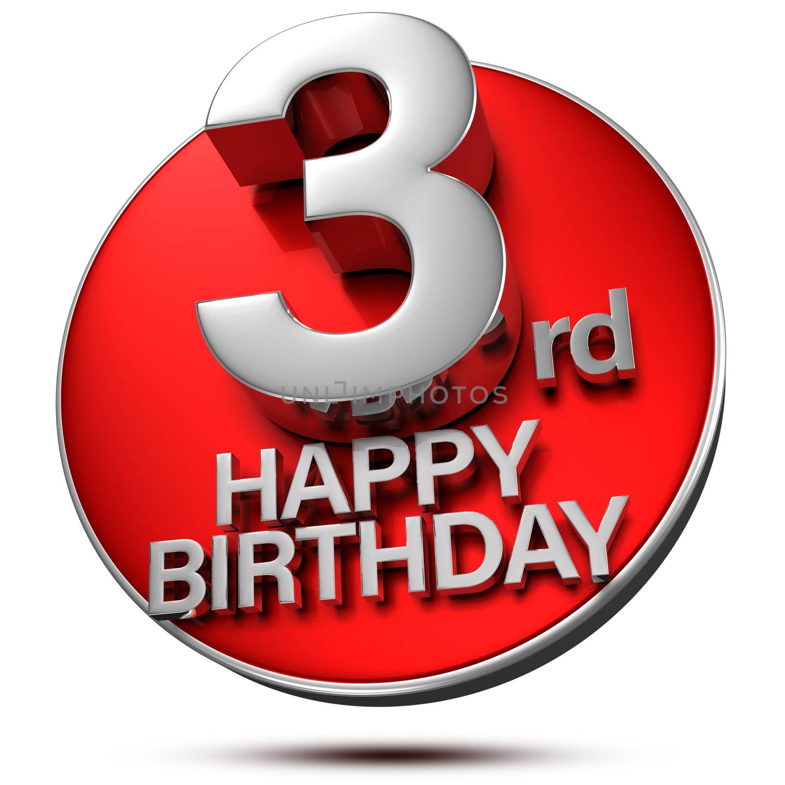 3 rd happy birthday 3d rendering on white background.(with Clipping Path).