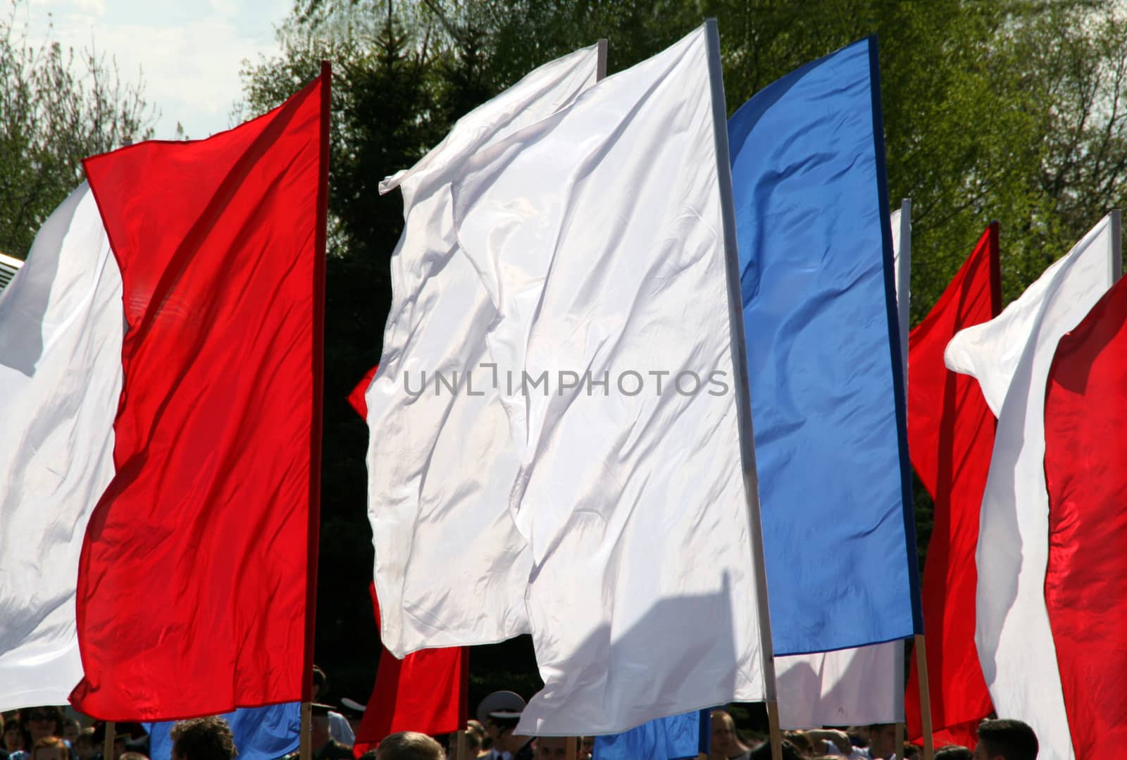 Flags of different colors swaying in the wind on a summer day at the festival.