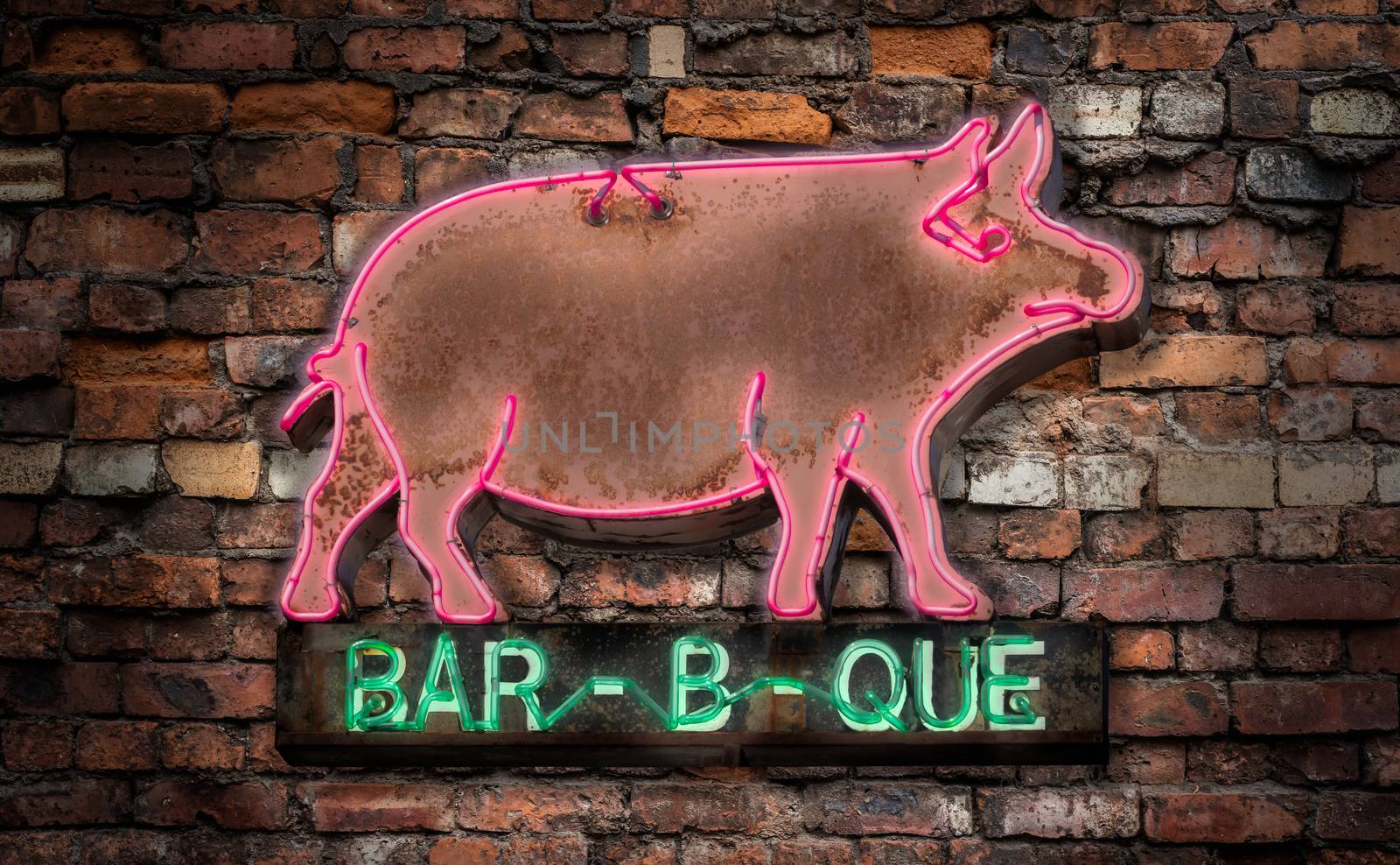 Neon Rustic Old Neon Pig Sign For A Bar-B-Que (Barbecue Or BBQ) Diner