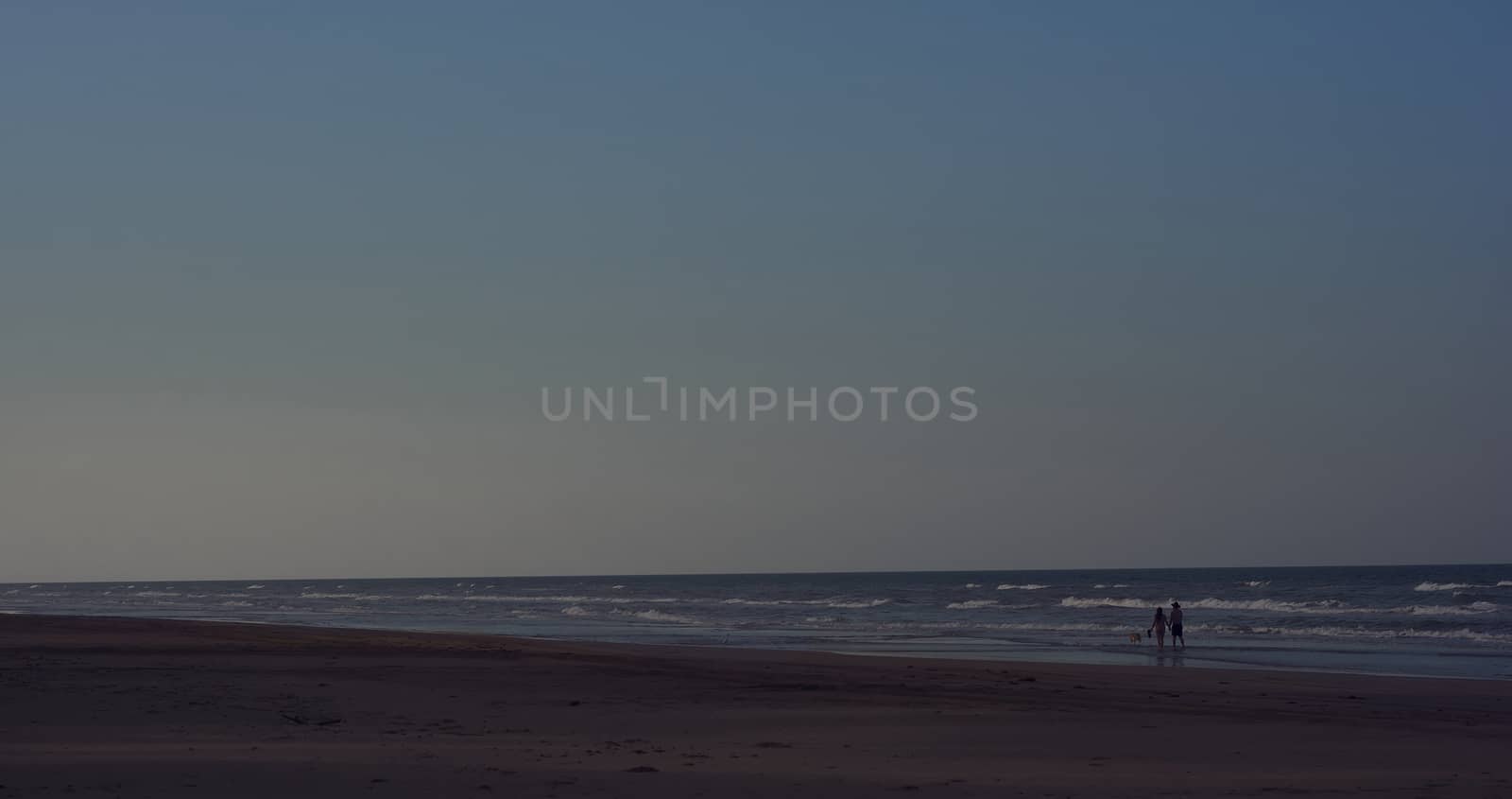 Couple walking at the beach at sunset with their pet by arcas