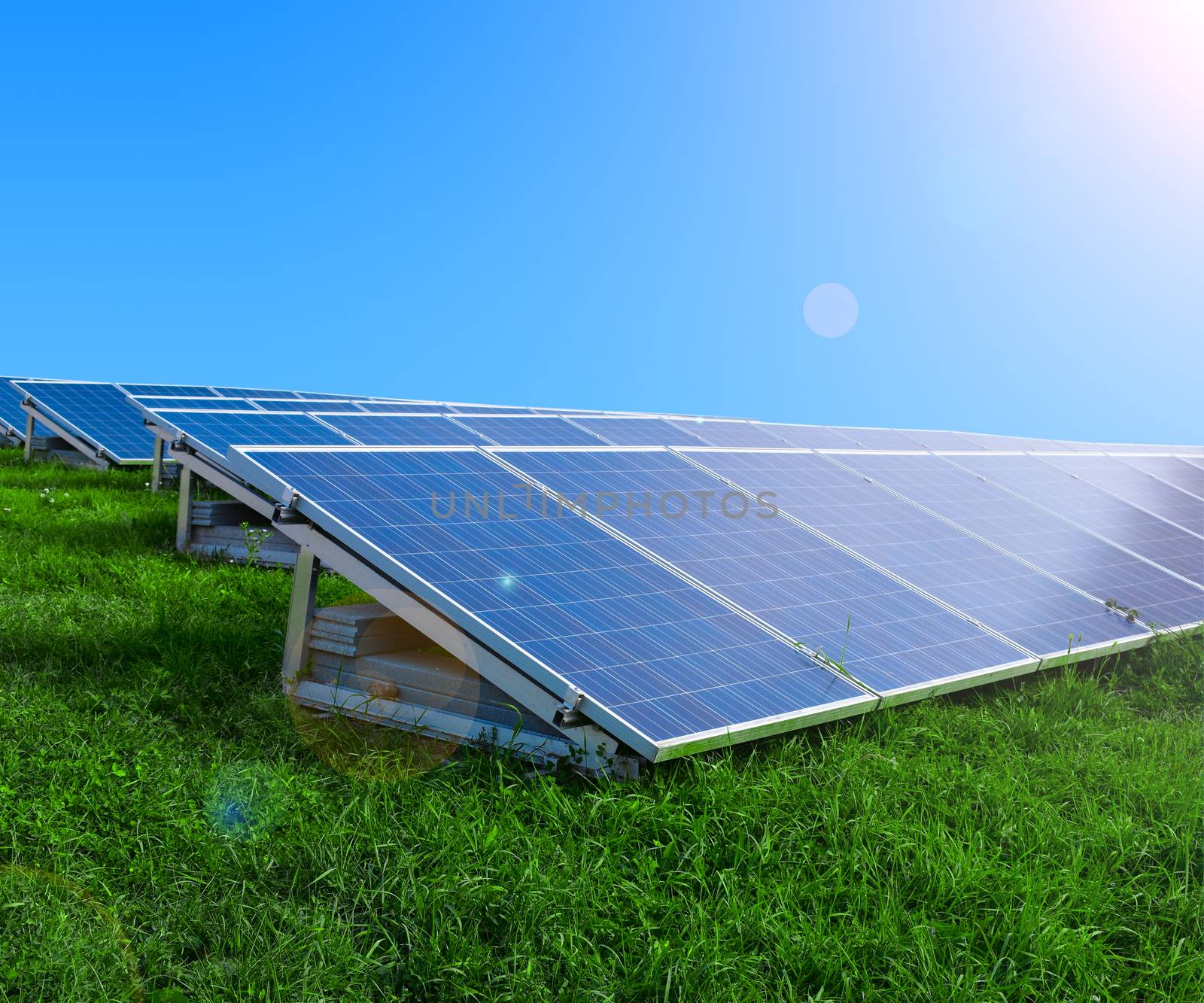 Solar panels on green grass. Blue sky in the background, with sunshine.