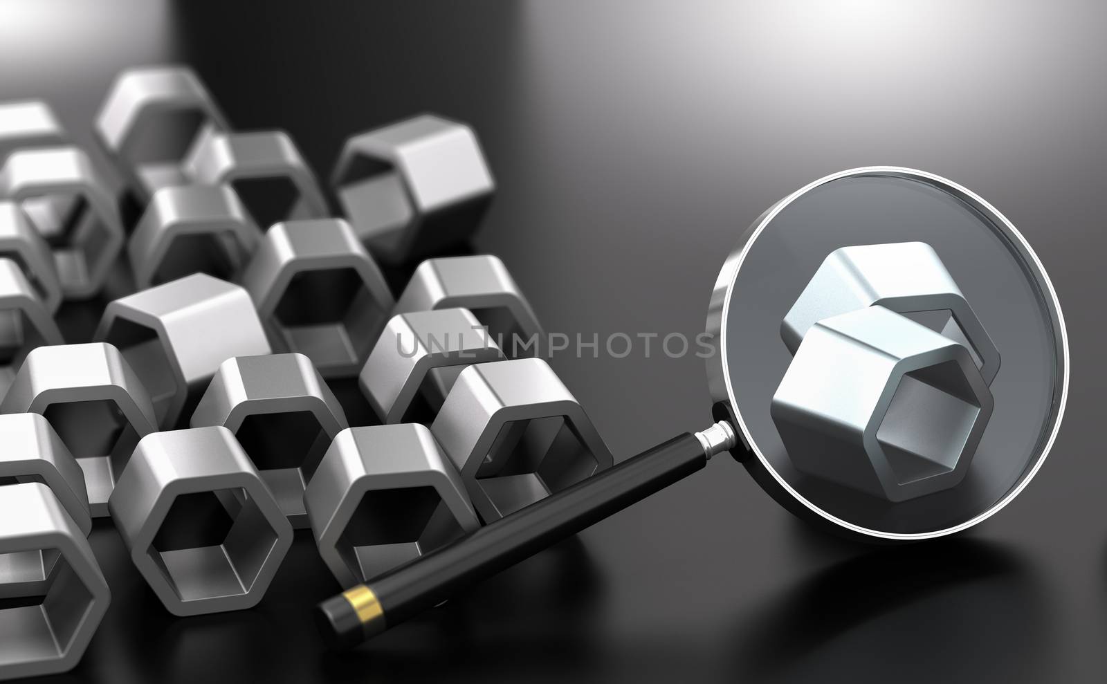 Magnifier with focus on two sample of a products. Sampling Inspection and Statistical Quality Control Concept. 3D illustration.