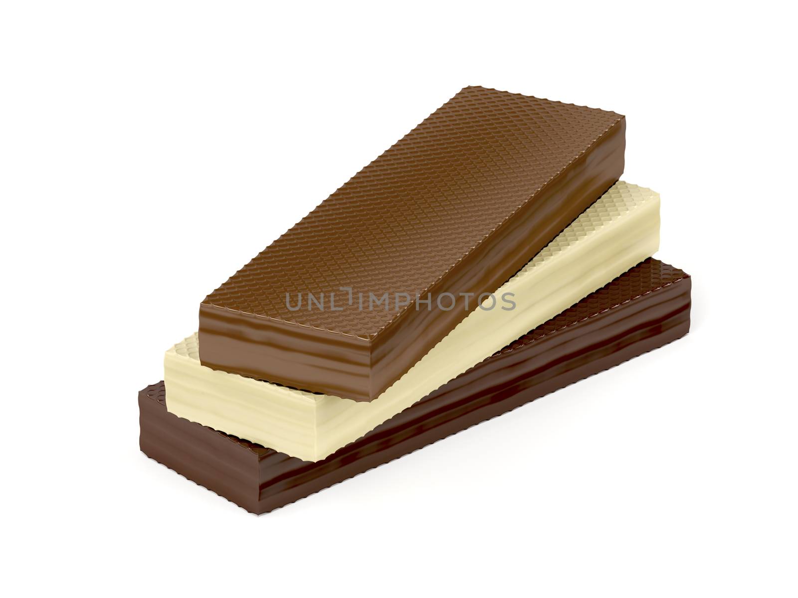 Wafers with different chocolate on white background