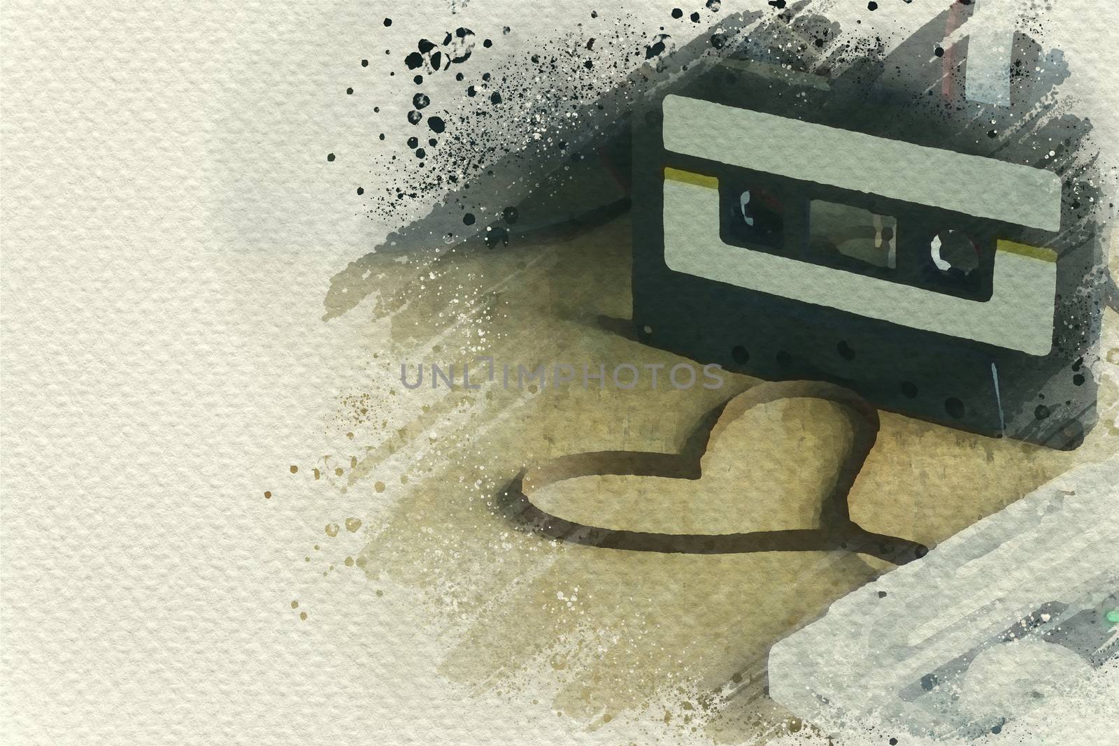 Cassette tape and strip in shape of heart. Digital watercolor pa by SaitanSainam