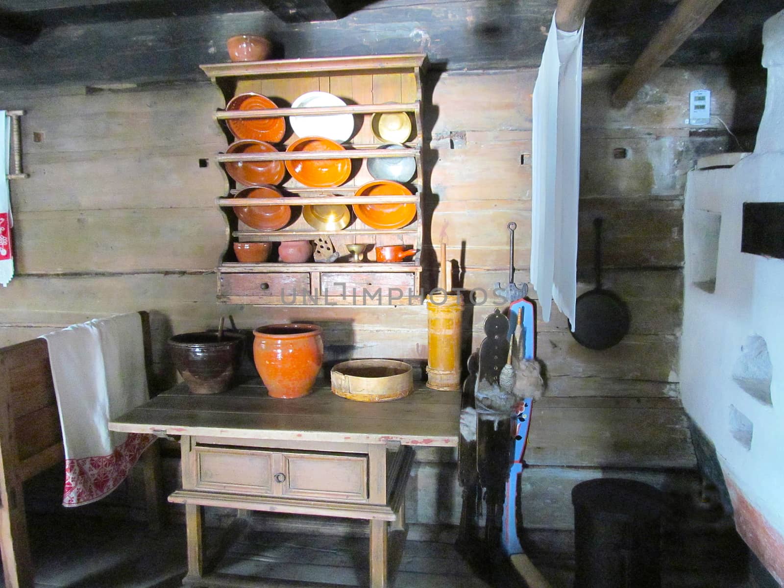 Kitchen corner in a wooden house of the peoples of the North.