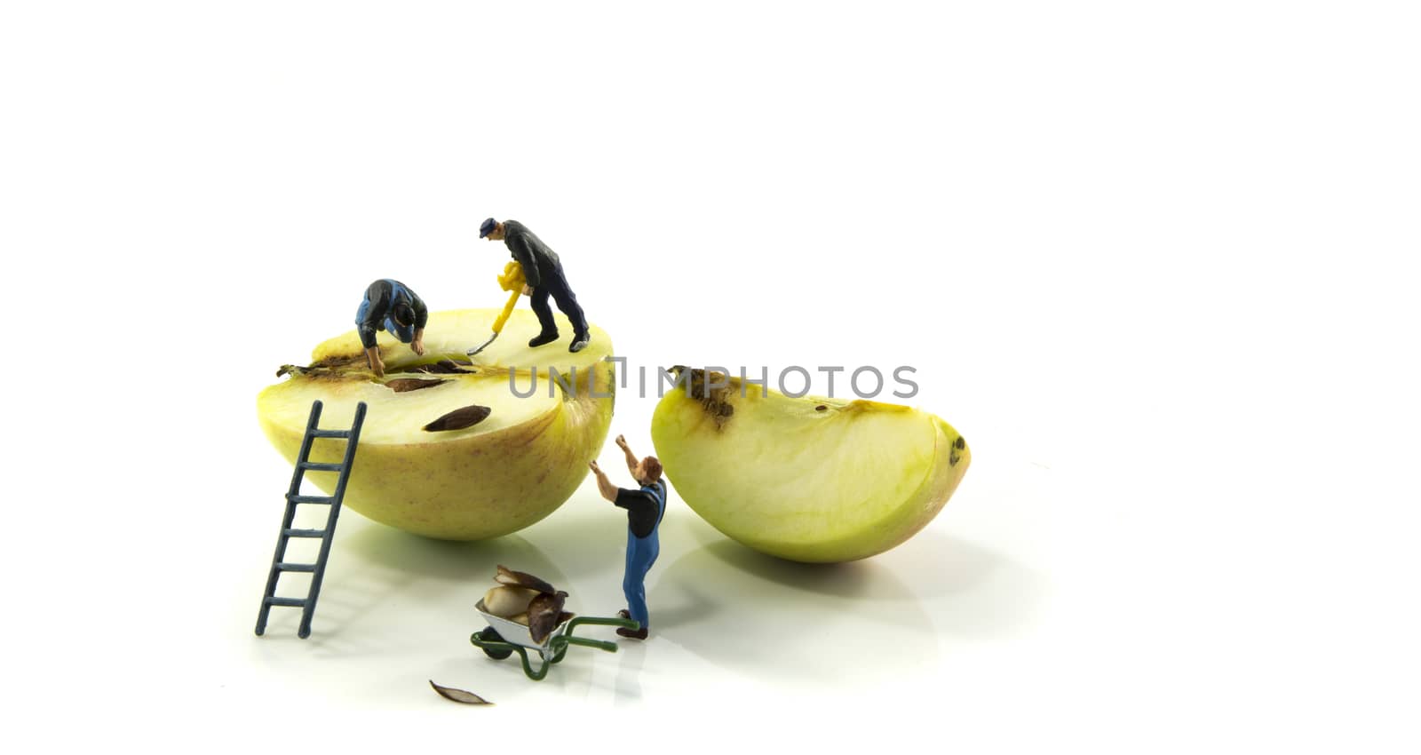 little figures busy removing the seeds from the apple isolated on a white background