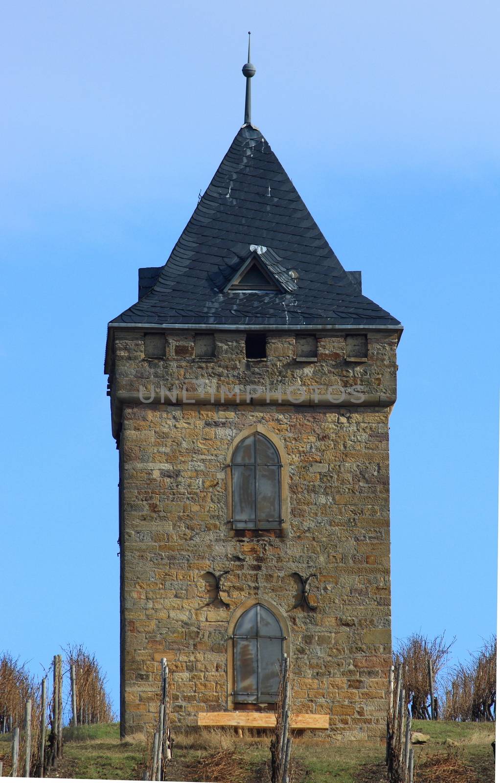 an old, square, tower with pointed roof in the Vineyard    Ein alter,eckiger,Turm mit spitzdach im Weinberg by hadot