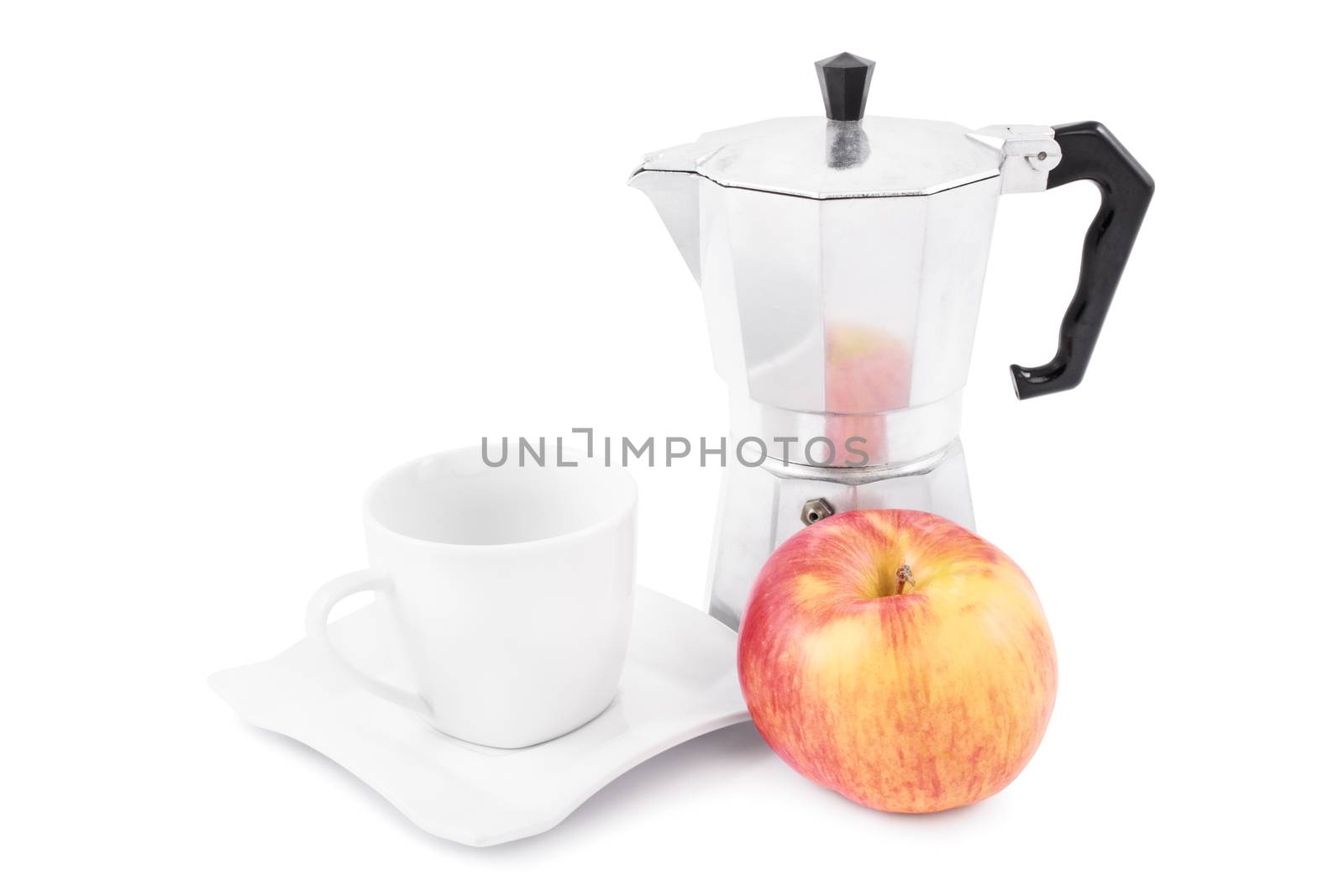 Metallic moka maker, a ceramic cup and an apple, isolated on white background.