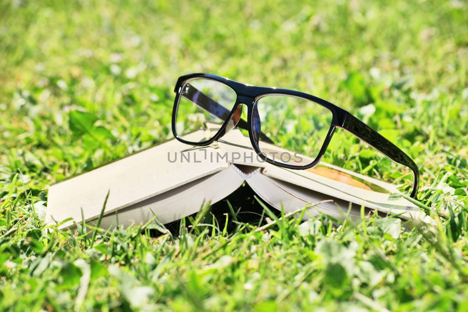 Close-up shot of an open book with glasses on a green grass.