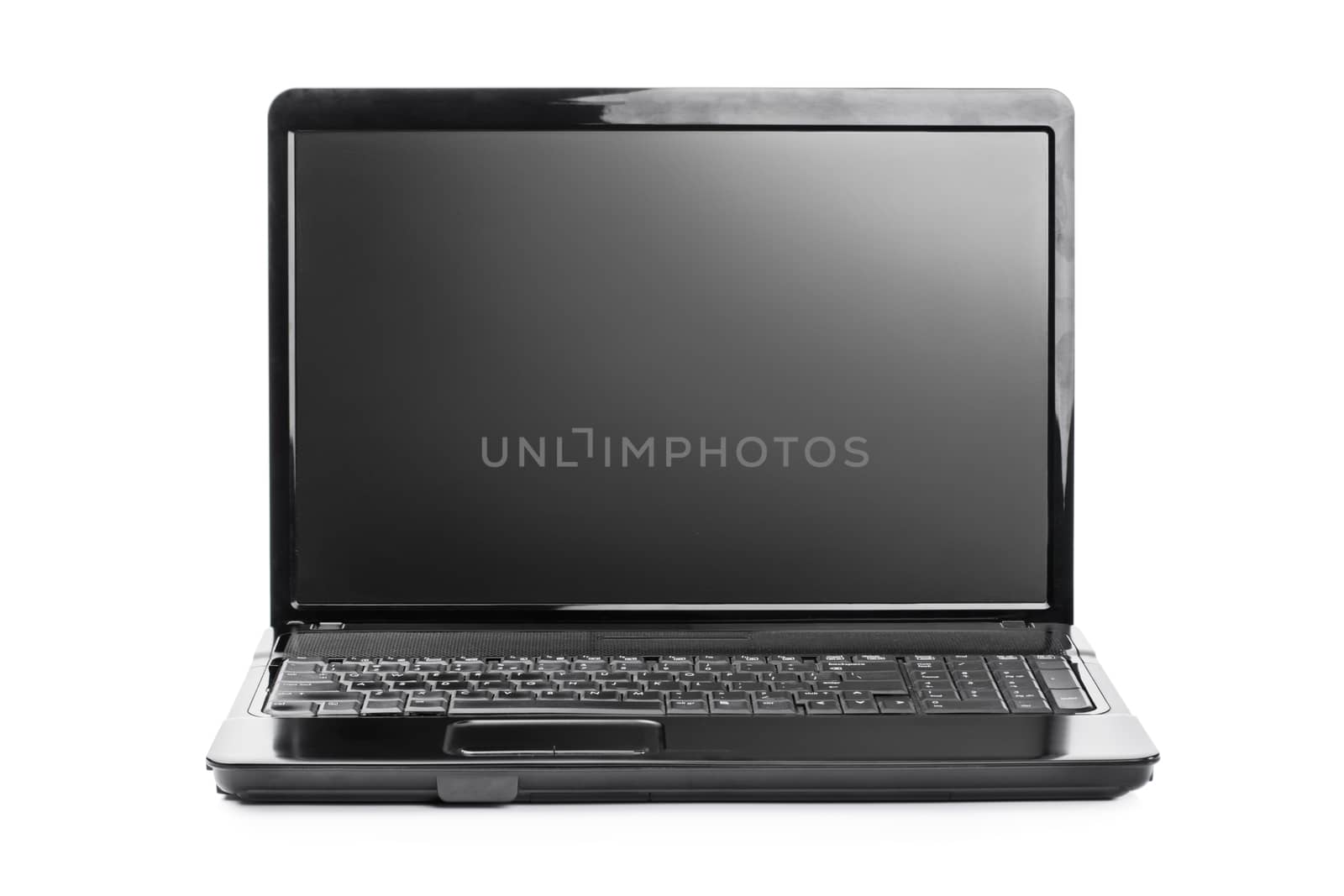 Close up shot of an open laptop, isolated on white background.