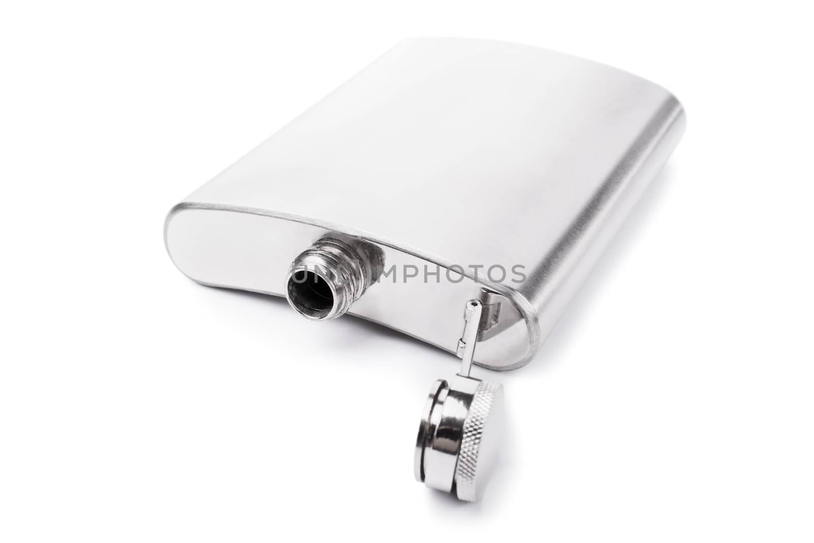 Close-up shot of an empty stainless steel flask isolated on white background