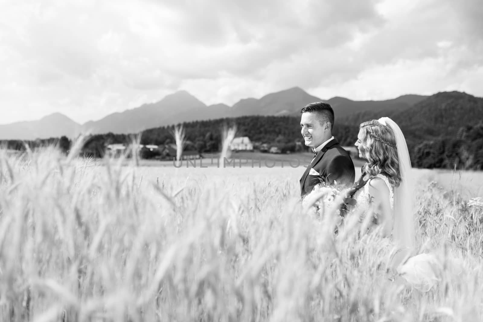Bride hugs groom tenderly in wheat field somewhere in Slovenian countryside. Caucasian happy romantic young couple celebrating their marriage. Black nad white photo.