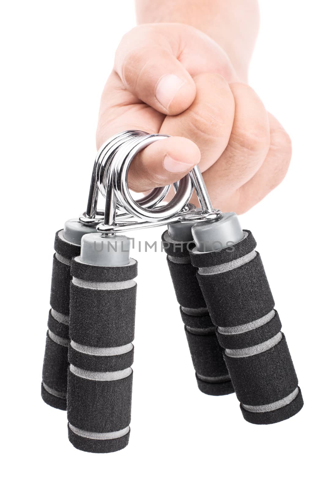 Close-up shot of male hand handing out hand grips, isolated on white background.
