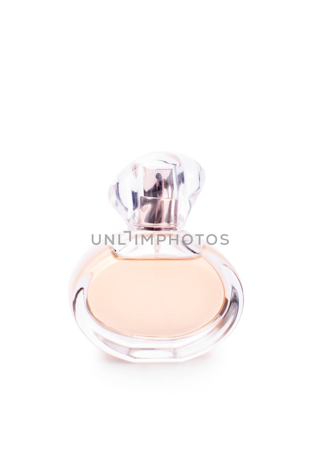 Close up shot of a transparent perfume bottle, isolated on white background.