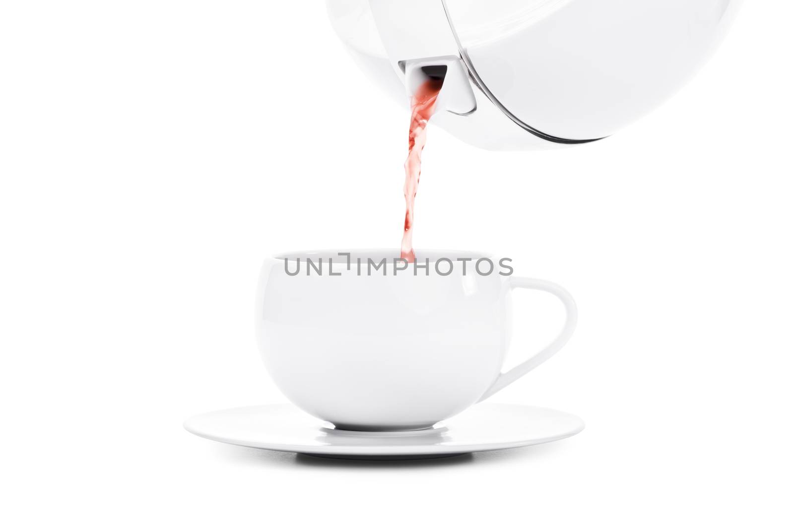 Pouring tea in an elegant white tea cup, isolated on white background.